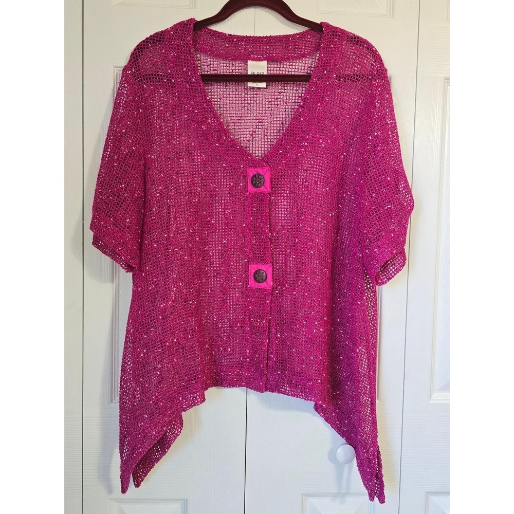 Blair Magenta Pink Open Knit Short Sleeve Cardigan Sweater XL Sharkbite Hem